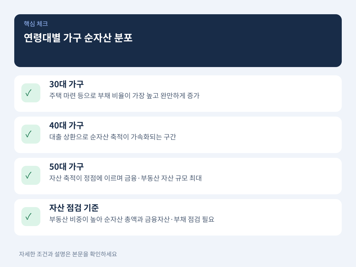 연령대별 가구 순자산 분포와 생애주기별 자산 형성 설명 이미지