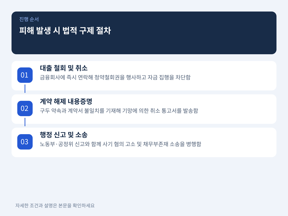 피해 발생 시 계약 해지 및 법적 구제 3단계 절차 설명 이미지