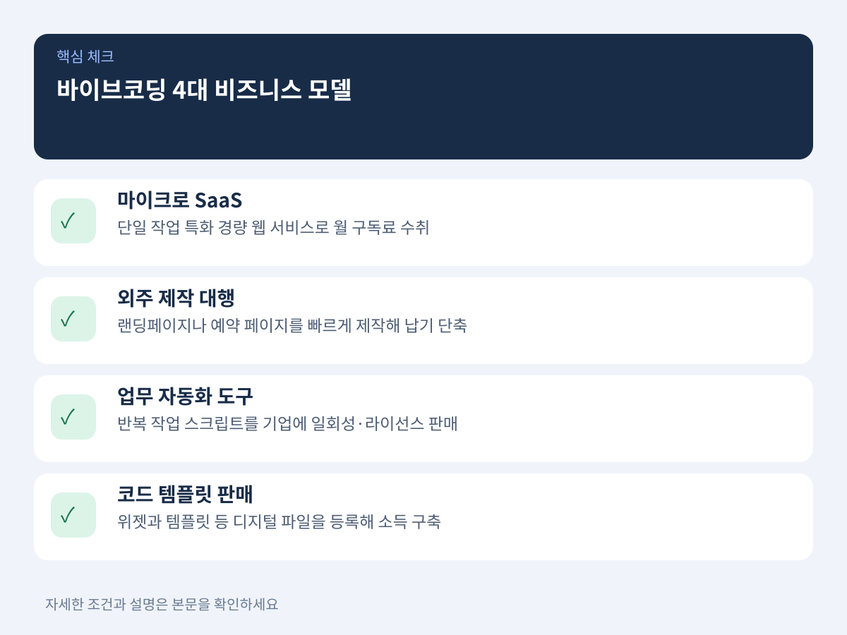 비개발자도 바로 진입 가능한 4대 바이브코딩 비즈니스 모델 설명 이미지