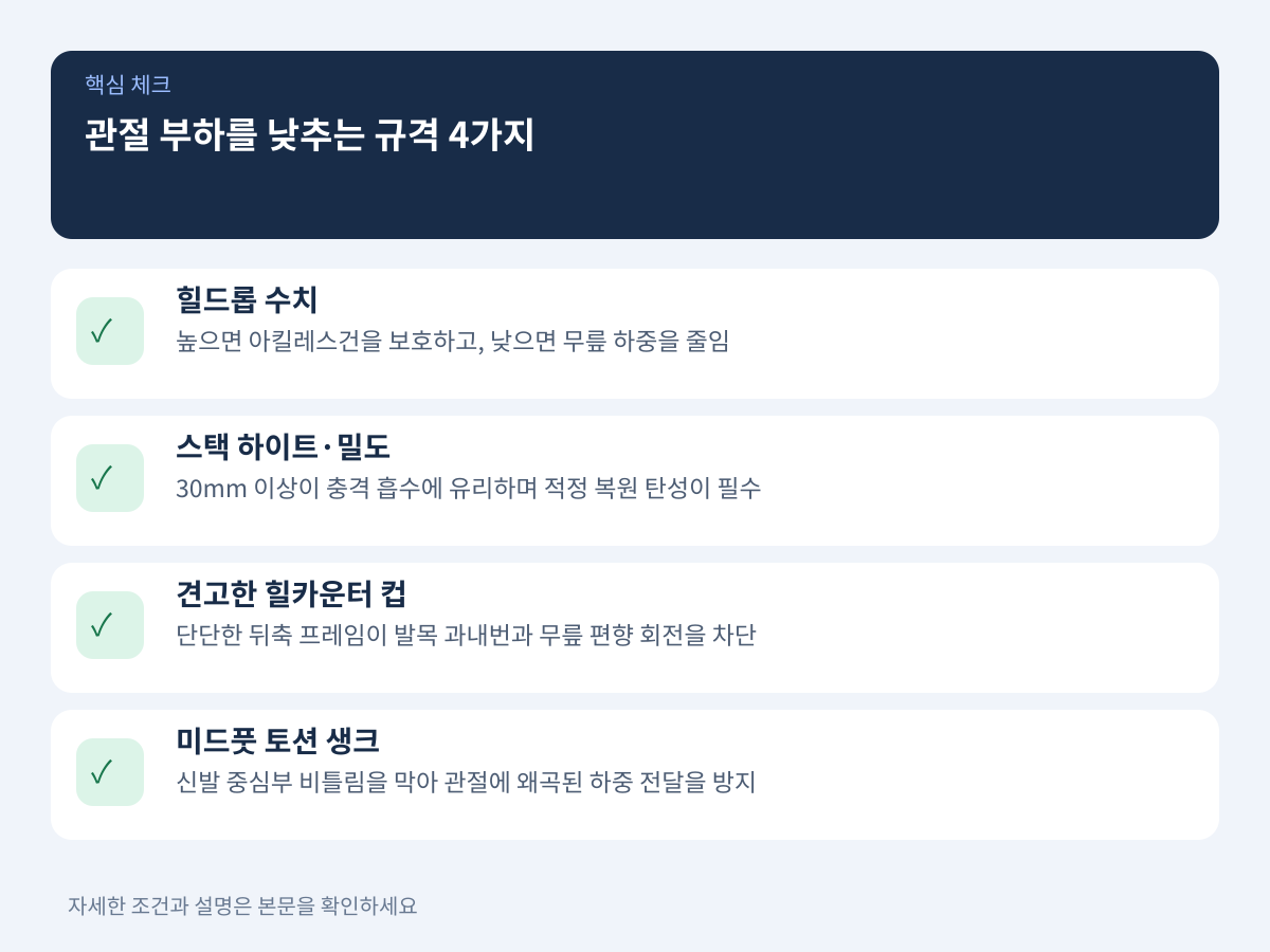 관절 부하를 낮추는 핵심 하드웨어 규격 4가지 설명 이미지