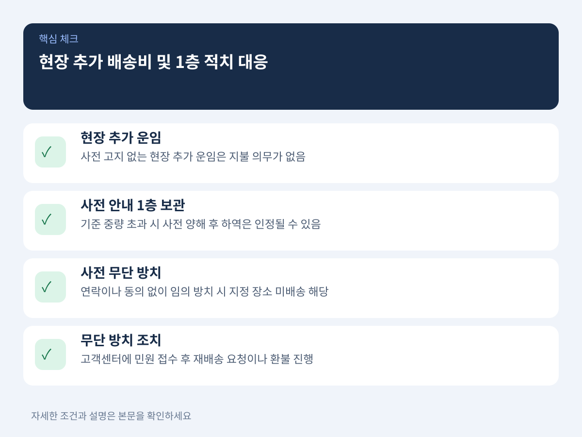 현장 추가 배송비 요구의 적법성과 1층 적치 시 대응 요령 설명 이미지