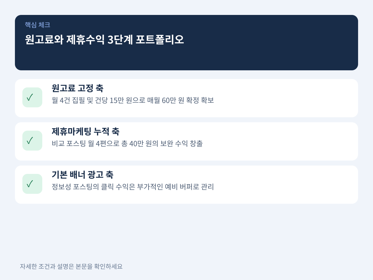 확정형 원고료와 누적형 제휴 수익의 3단계 포트폴리오 구조 설명 이미지