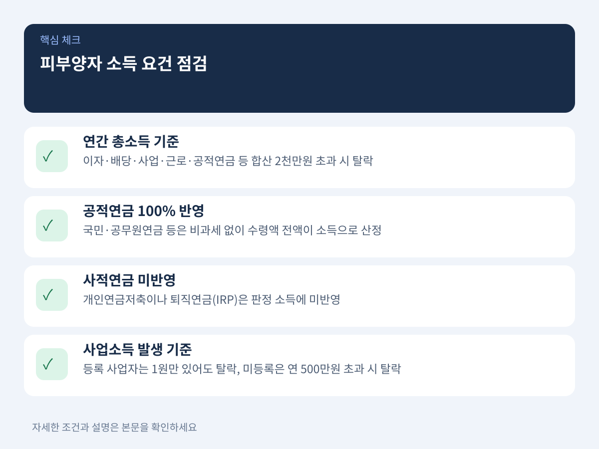 소득 요건 심층 점검: 연간 2,000만 원 합산 기준과 연금 반영 비율 설명 이미지