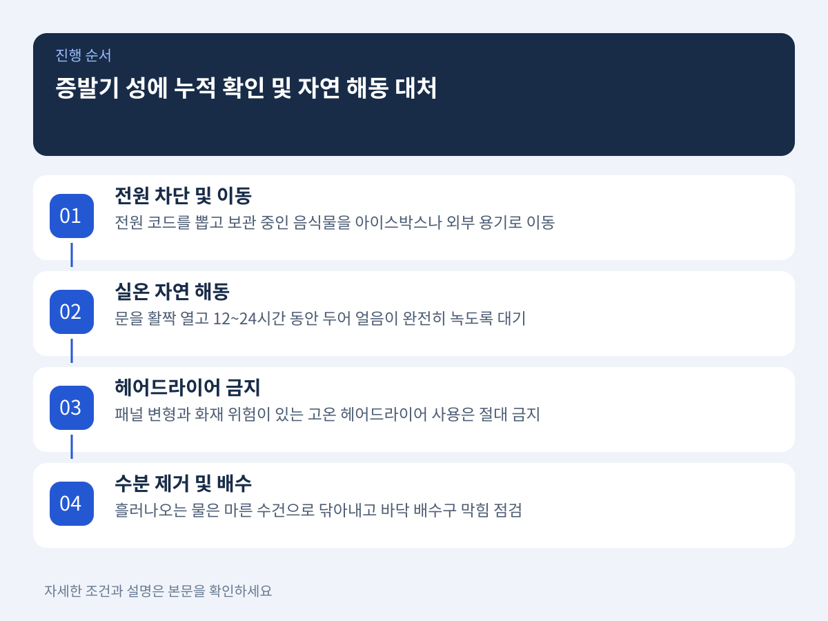 증발기 성에 누적 확인 및 안전한 자연 해동 대처 요령 설명 이미지