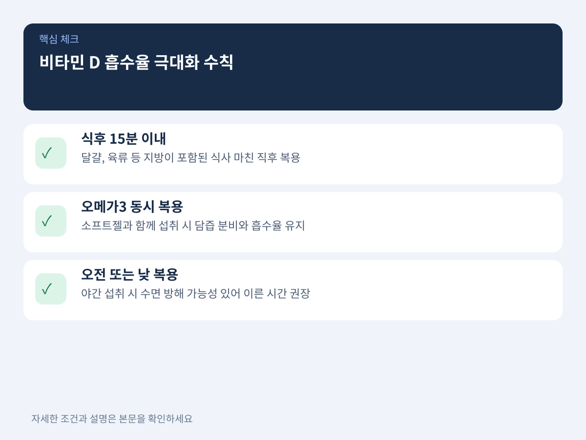 흡수율 극대화하는 복용 타이밍과 지방 동반 섭취 수칙 설명 이미지