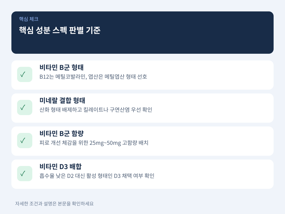 핵심 성분 스펙 판별: 비타민B군 활성형과 킬레이트 미네랄 설명 이미지