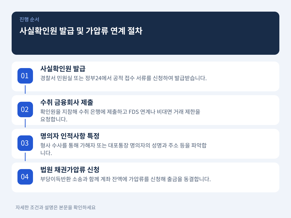 사건사고 사실확인원 발급 후 금융기관 제출 및 민사상 채권가압류 연계 절차 설명 이미지