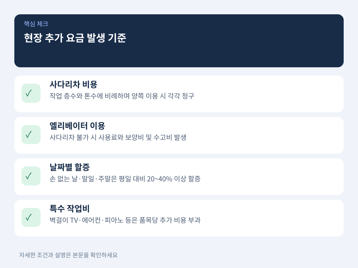 현장 추가 요금 발생 기준: 사다리차·층수·손 없는 날 할증 설명 이미지