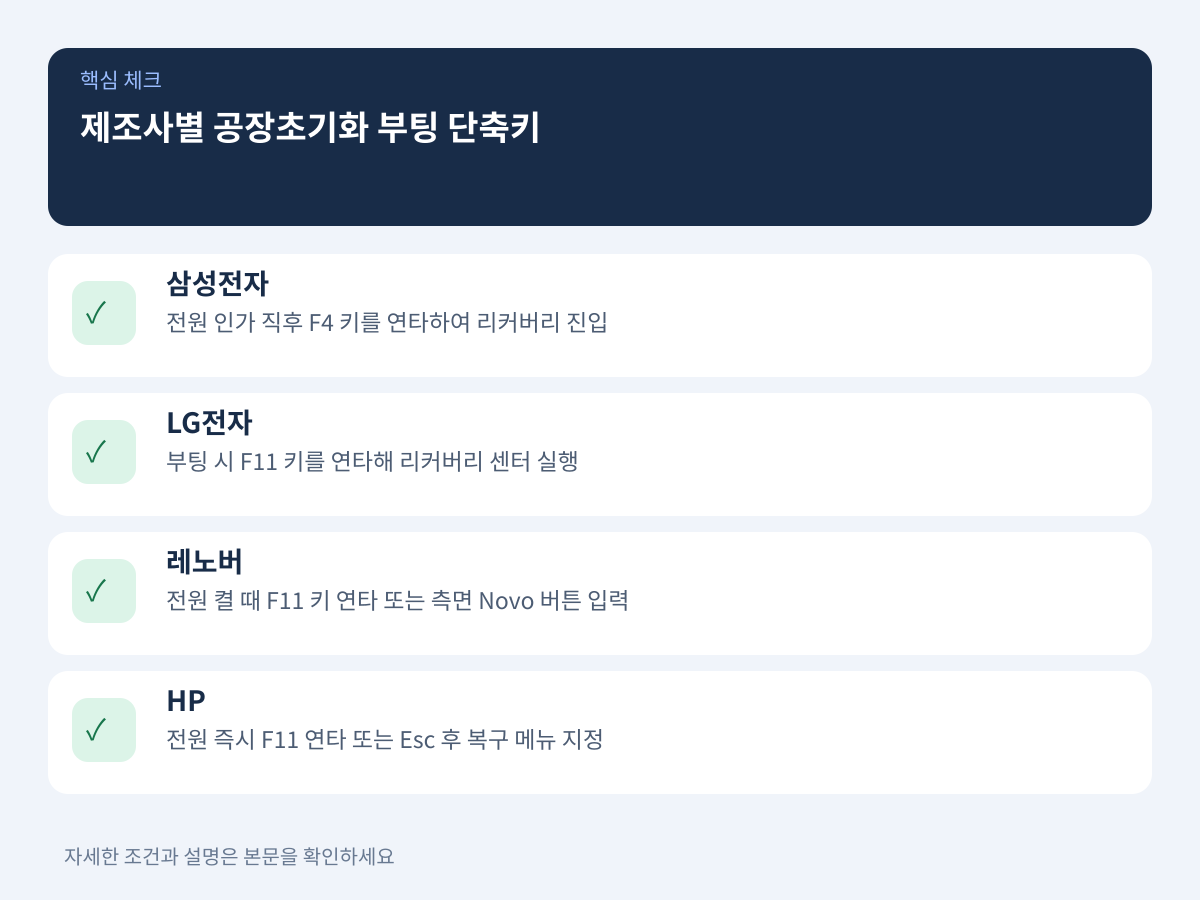 2. 제조사별 공장초기화 및 포맷 부팅 단축키 정리 설명 이미지