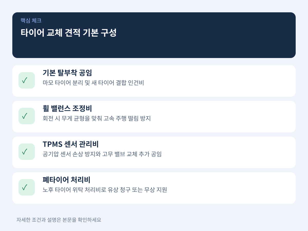 타이어 교체 견적의 기본 구성: 본품 가격과 공임 항목 구분 설명 이미지