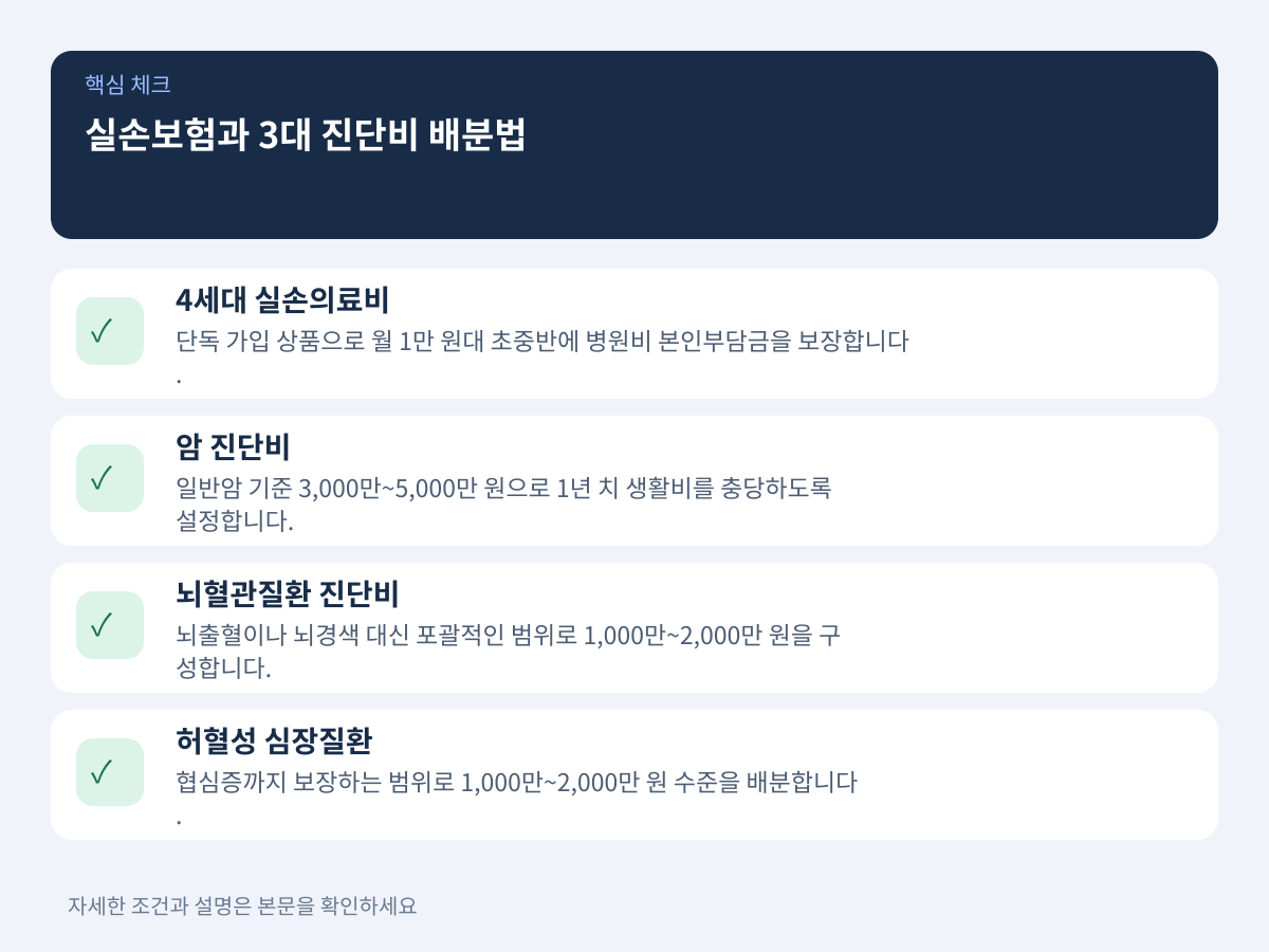 실손보험과 3대 진단비 필수 보장 범위 및 가입 금액 배분법 설명 이미지
