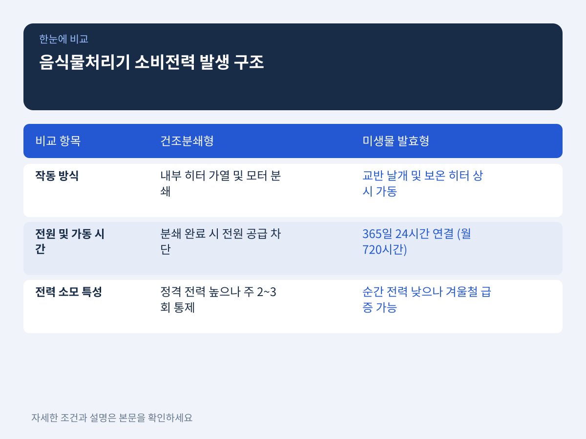 처리 방식별 소비전력 발생 구조: 순간 가열 대 상시 보온 설명 이미지