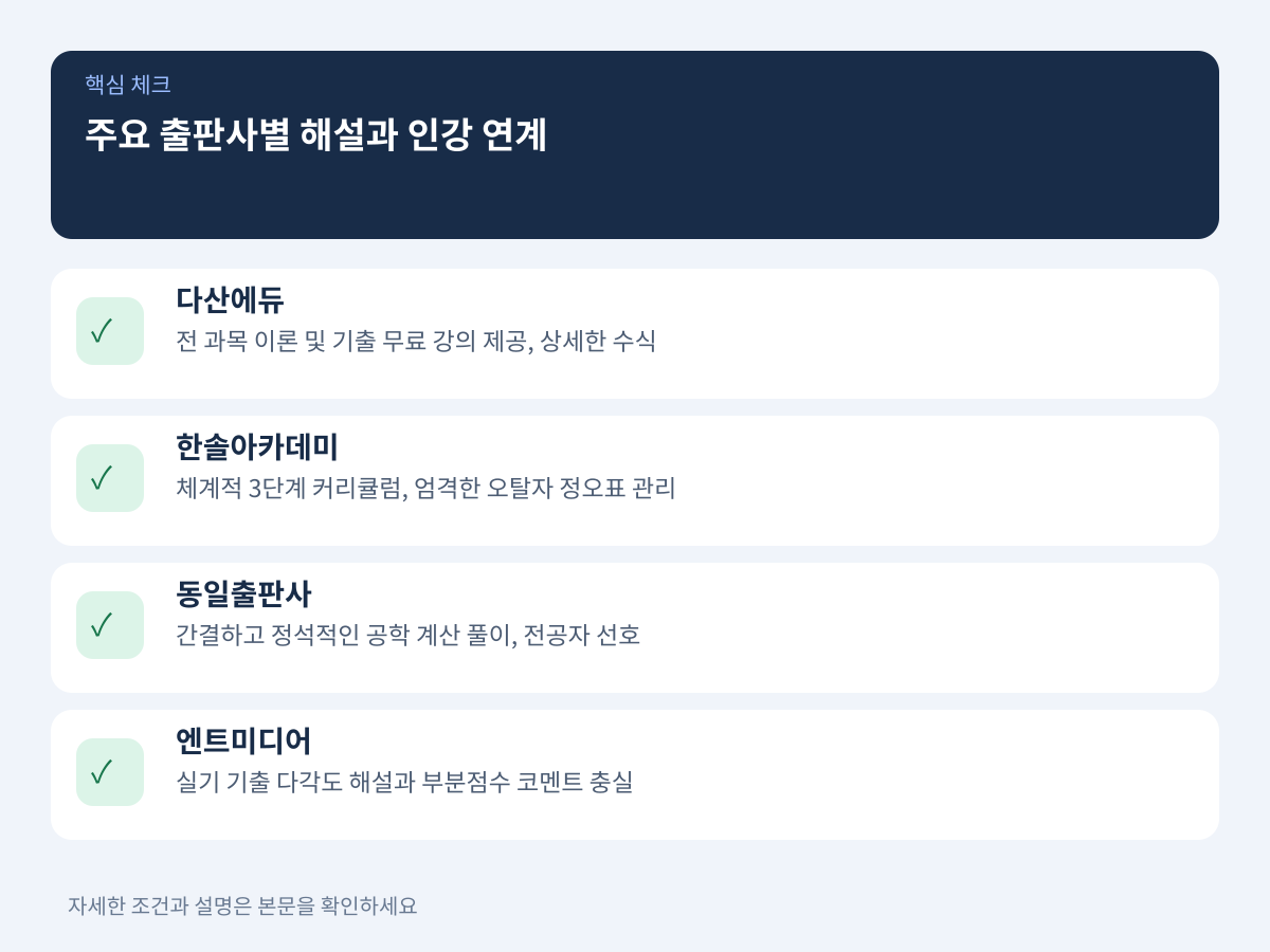 주요 출판사별 해설 상세도 및 무료 인강 연계 차이 설명 이미지