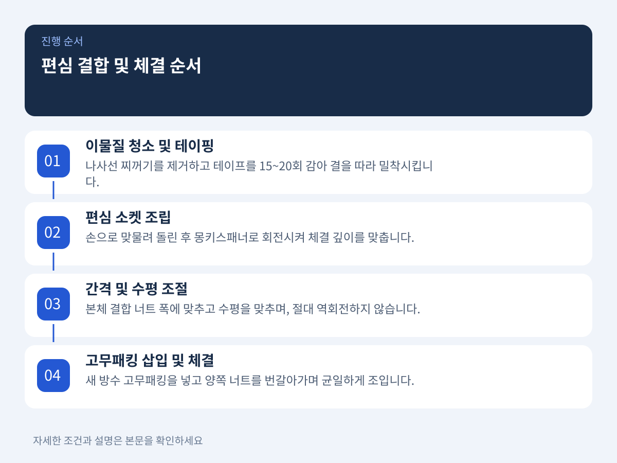 누수 없는 편심 결합을 위한 테프론 테이프 권장 권수와 체결 순서 설명 이미지