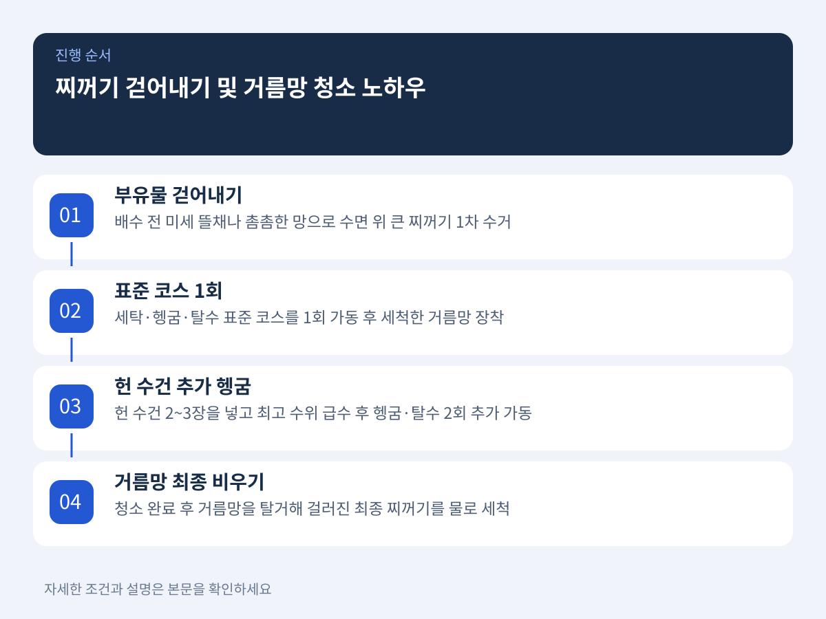 배출된 찌꺼기 걷어내기 및 거름망 청소 노하우 설명 이미지