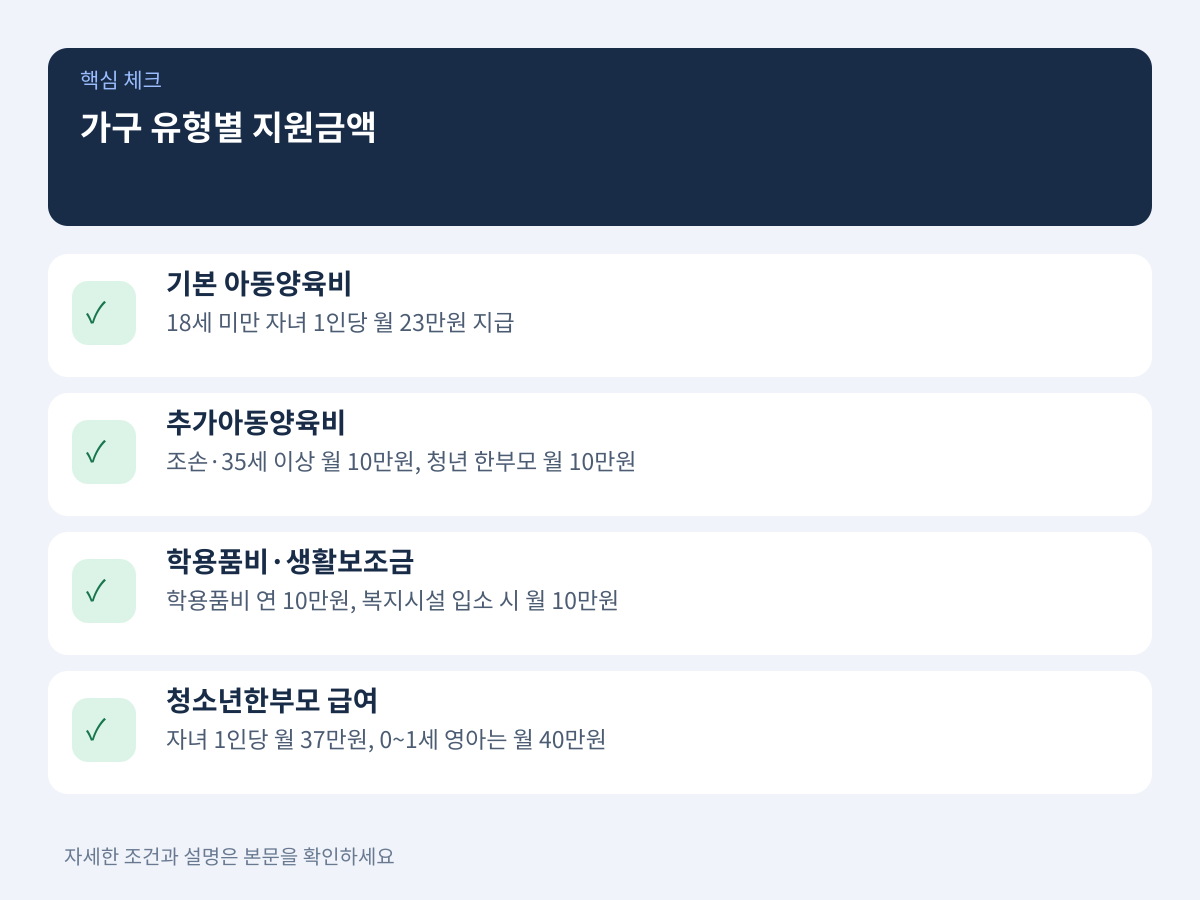 가구 유형별 지원금액: 기본 양육비부터 추가아동양육비 및 학용품비 차등 내역 설명 이미지