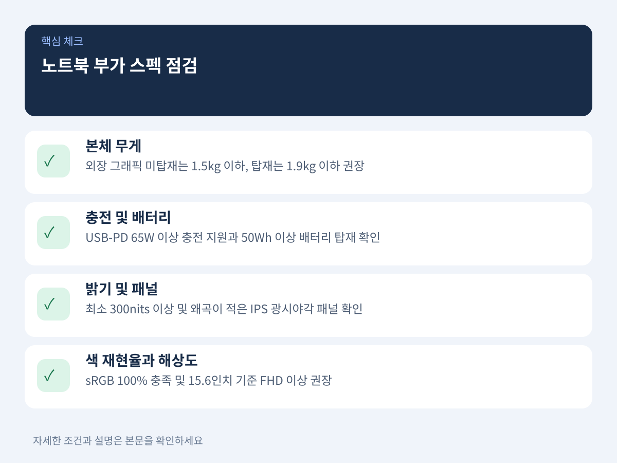 가성비를 좌우하는 부가 스펙 점검: 무게와 디스플레이 설명 이미지