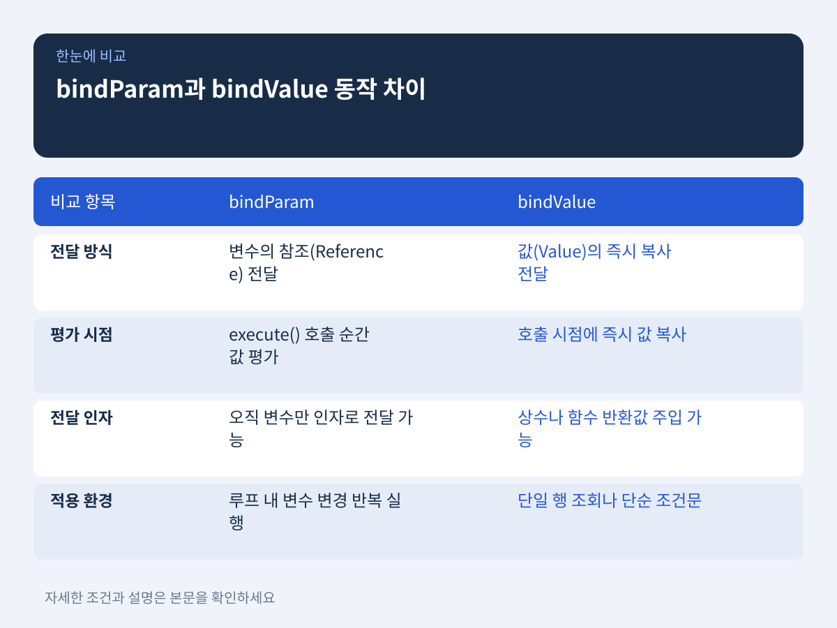 PDO Prepared Statement 기본 문법: bindParam과 bindValue의 동작 차이 설명 이미지