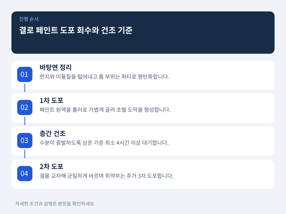 결로 페인트의 성능을 확보하는 도포 회수와 층간 건조 시간 설명 이미지