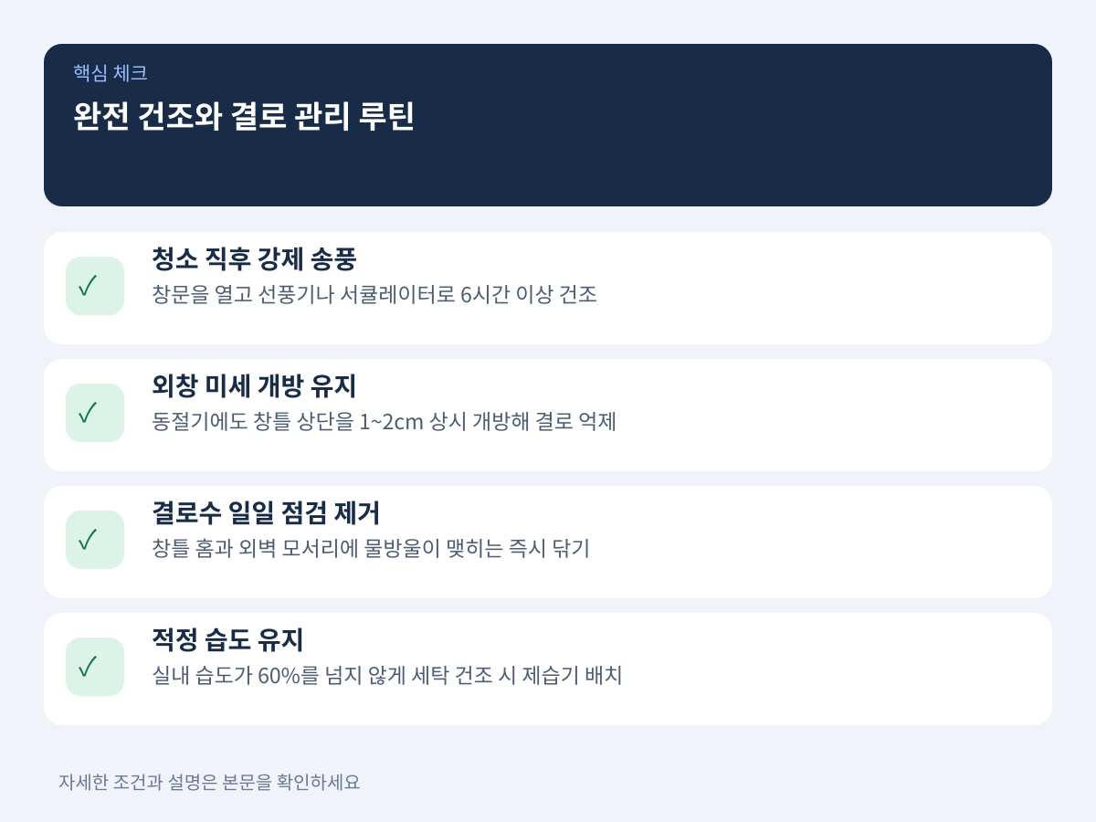 청소 직후 재발을 차단하는 완전 건조와 결로 관리 루틴 설명 이미지