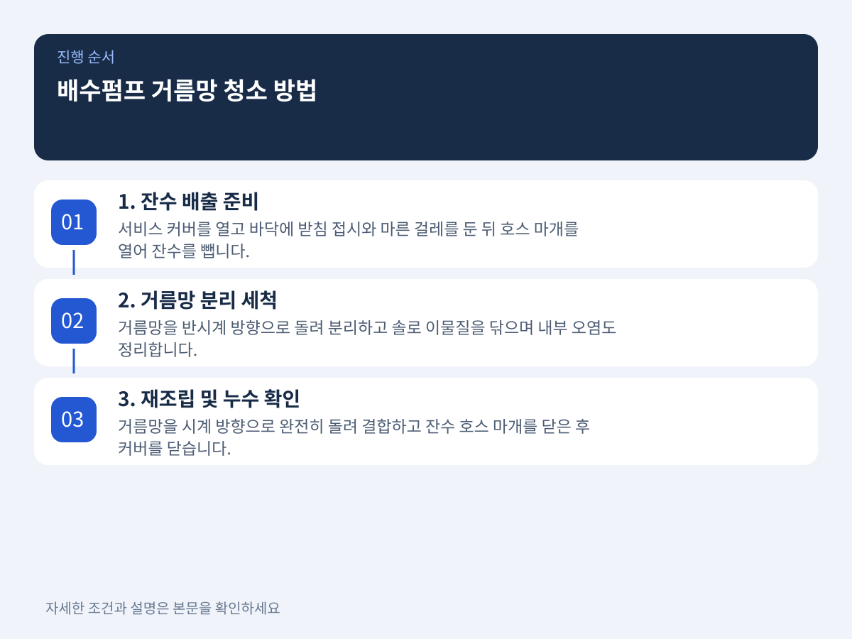 하단 배수펌프 거름망 잔수 제거와 누수 방지 체결 요령 설명 이미지