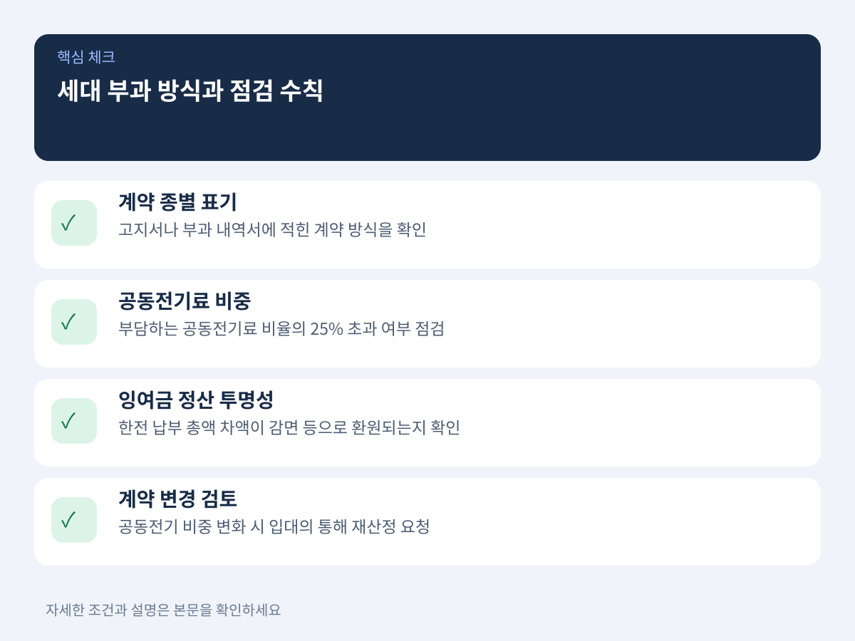 관리비 고지서상 세대 부과 방식과 계약 종별 점검 수칙 설명 이미지