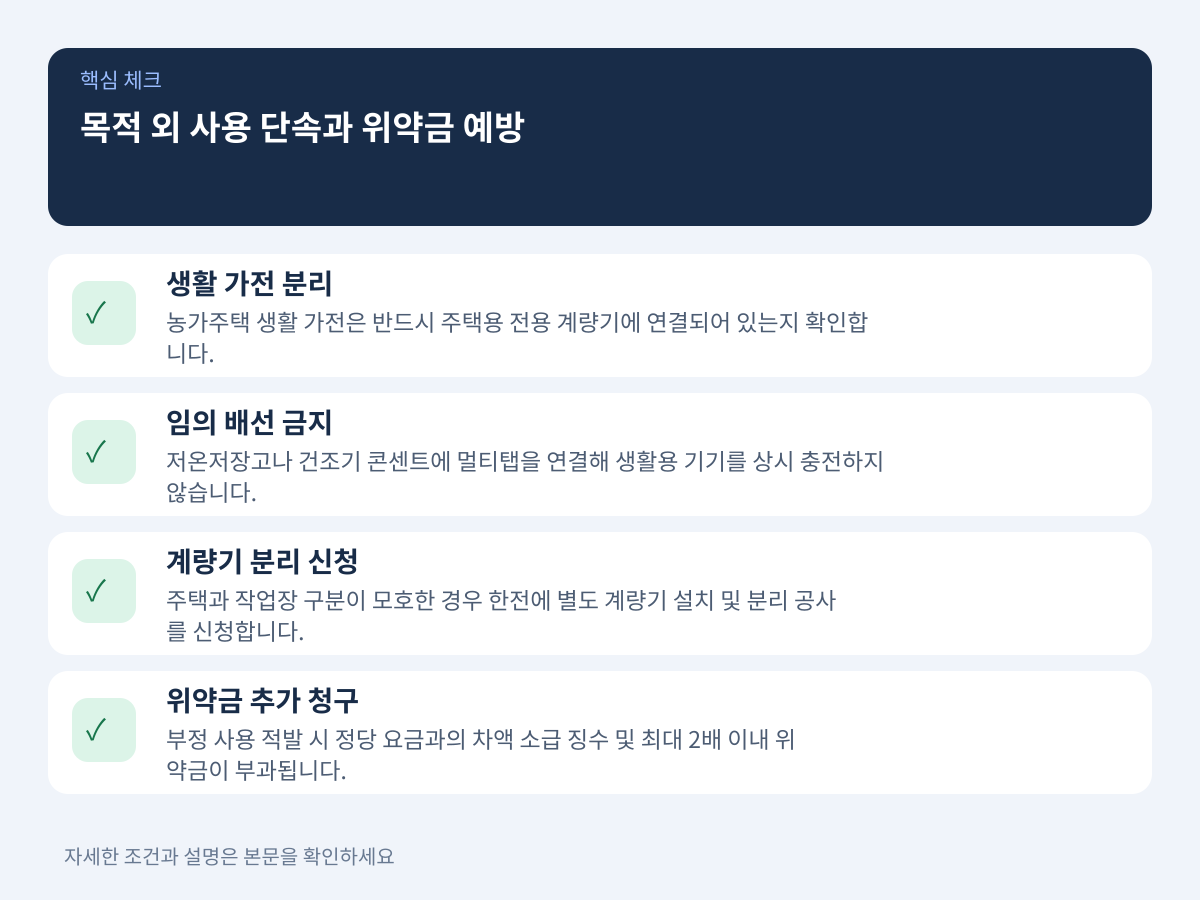 목적 외 사용 단속 사례와 계약 위반 위약금 예방 점검 사항 설명 이미지