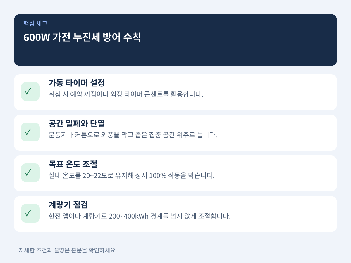 소형 전열기기 및 600W 가전 누진세 방어 실천 수칙 설명 이미지