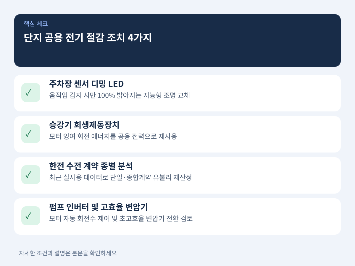 단지 차원에서 실행 가능한 공용 전기 절감 조치 4가지 설명 이미지