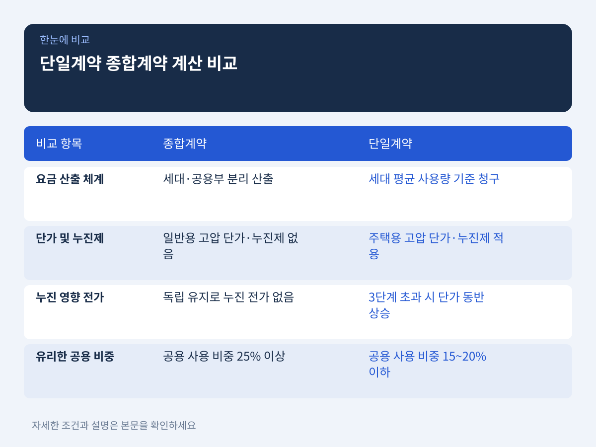 단일계약과 종합계약 체결 방식에 따른 계산 구조 비교 설명 이미지
