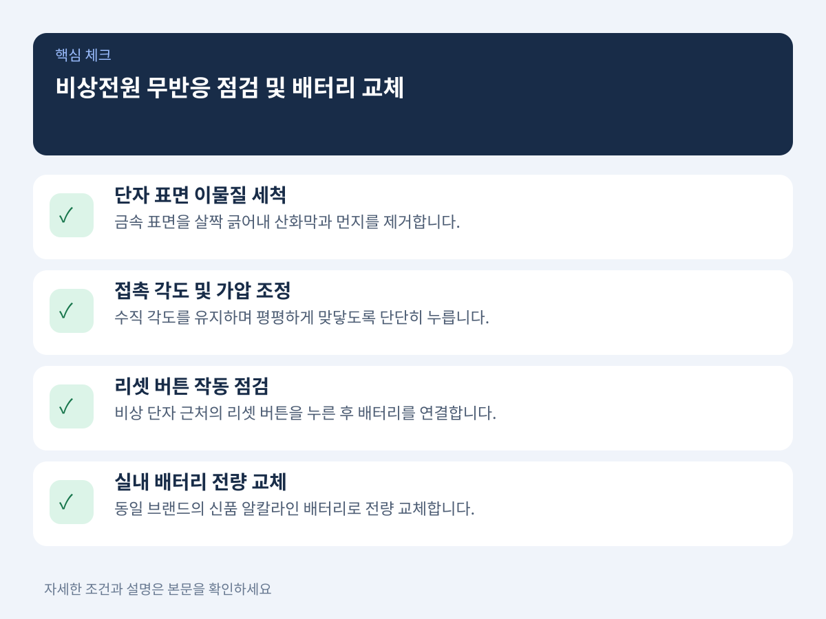 비상전원 연결 시 무반응 원인 점검과 사후 배터리 교체 요령 설명 이미지