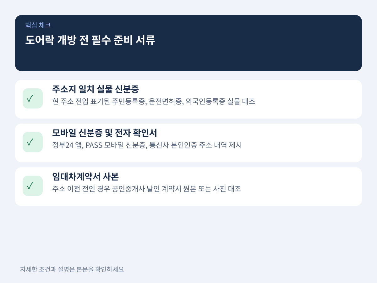 도어락 개방 전 필수 준비 서류와 신분 증명 수단 설명 이미지