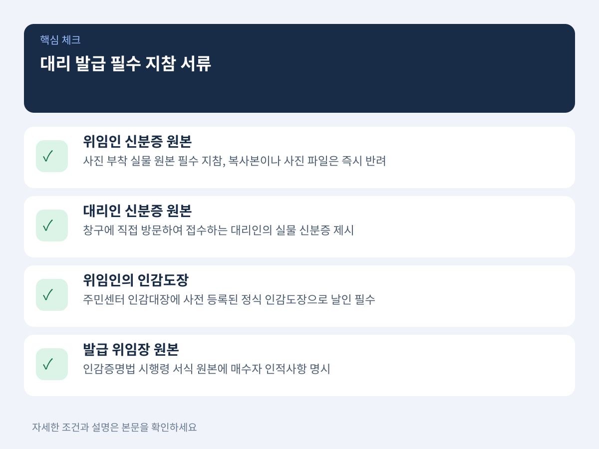 대리 발급 시 필수 지참 서류와 신분증 원본 인정 기준 설명 이미지
