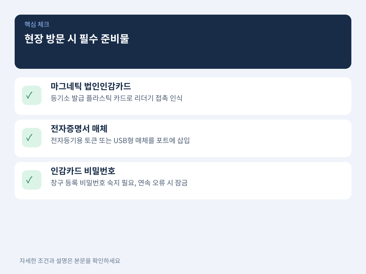 현장 방문 시 필수 준비물: 법인인감카드 및 인증 수단 설명 이미지