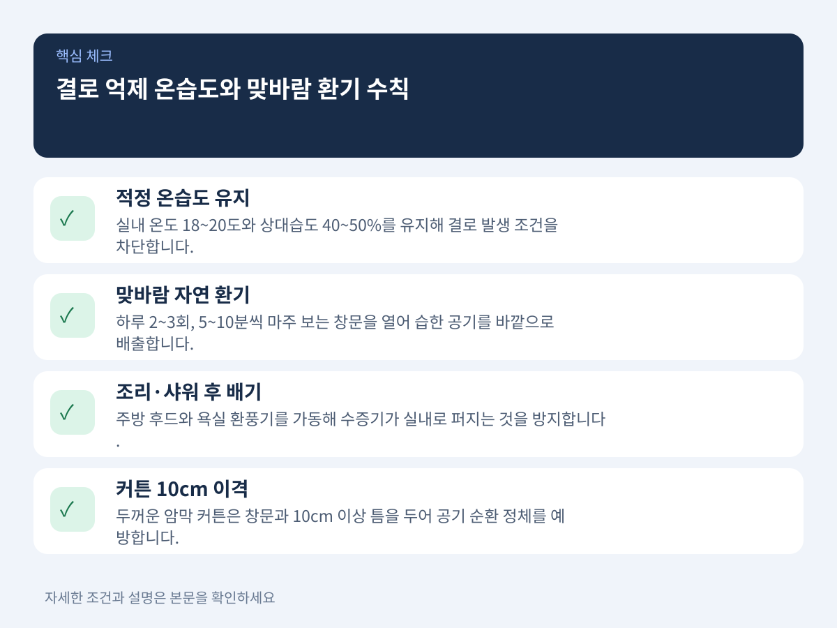 결로를 억제하는 실내 적정 온습도 기준과 맞바람 환기 수칙 설명 이미지