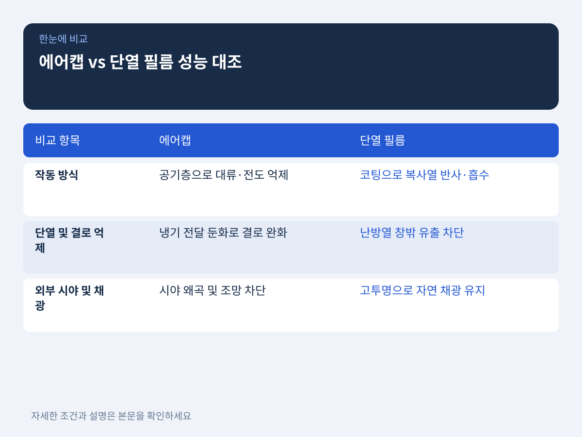 에어캡 vs 단열 필름 핵심 성능 대조: 단열력과 시인성 설명 이미지
