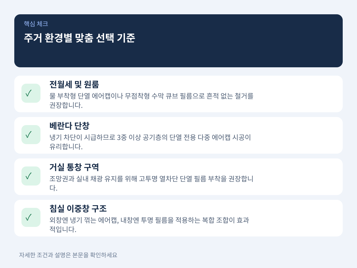 주거 환경별 맞춤 선택 기준: 자가·전월세·창호 형태별 추천 설명 이미지