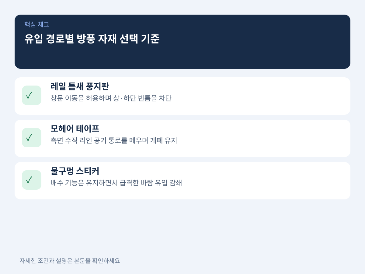 유입 경로별 방풍 자재 선택 기준: 문풍지 vs 풍지판 vs 틈막이 설명 이미지