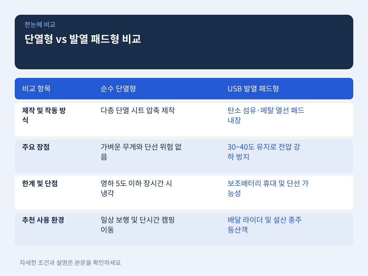 순수 단열형 vs USB 발열 패드형 보온 파우치 장단점 비교 설명 이미지