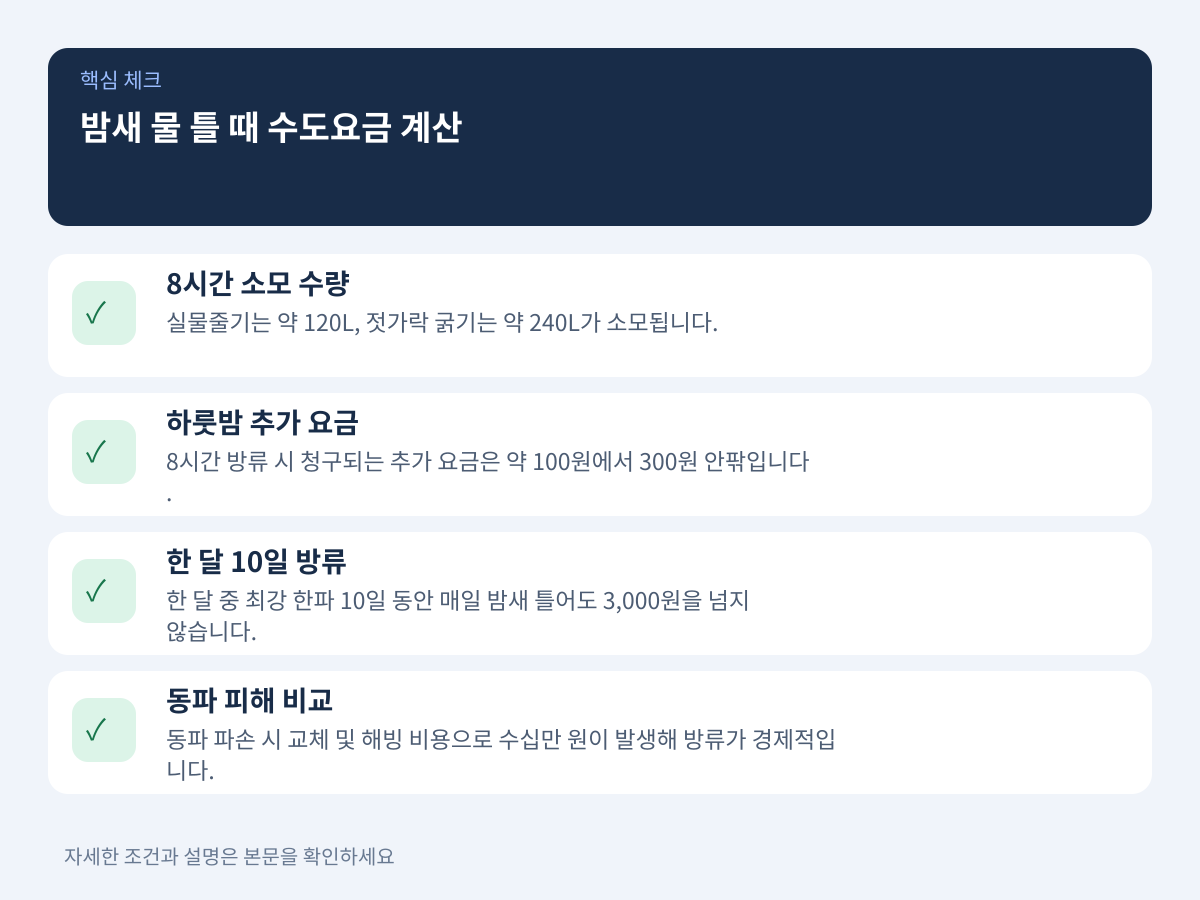 밤새 물을 틀었을 때 발생하는 실제 수도요금 시뮬레이션 설명 이미지