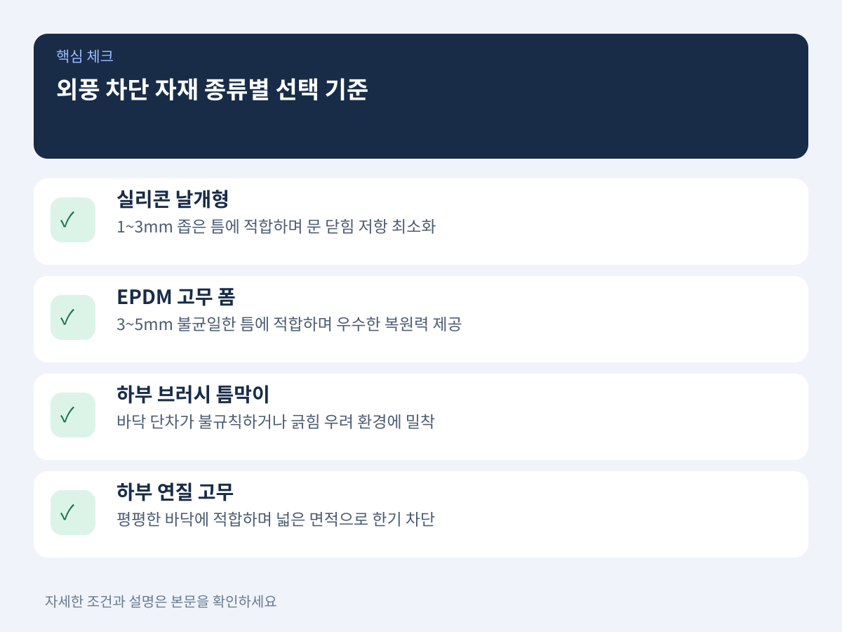 외풍 차단 자재 종류별 특성과 틈새 간격별 선택 기준 설명 이미지