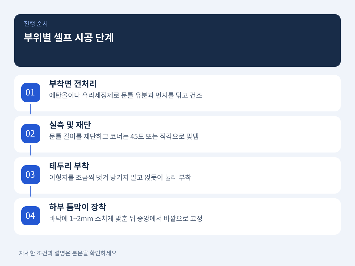 부착면 전처리 및 부위별 셀프 시공 단계 설명 이미지