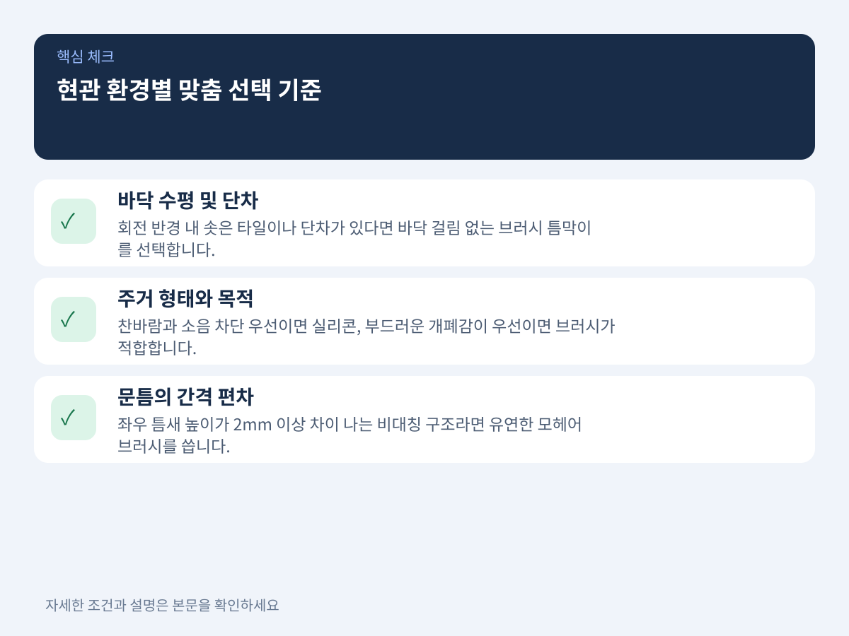 우리 집 현관 환경별 맞춤 선택 기준 설명 이미지