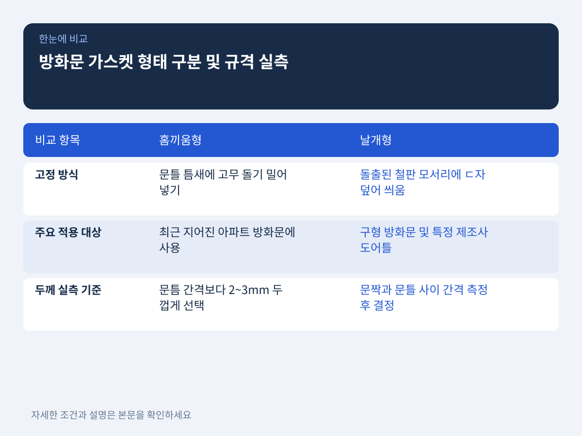 방화문 가스켓 규격 측정과 날개형·홈끼움형 구분법 설명 이미지