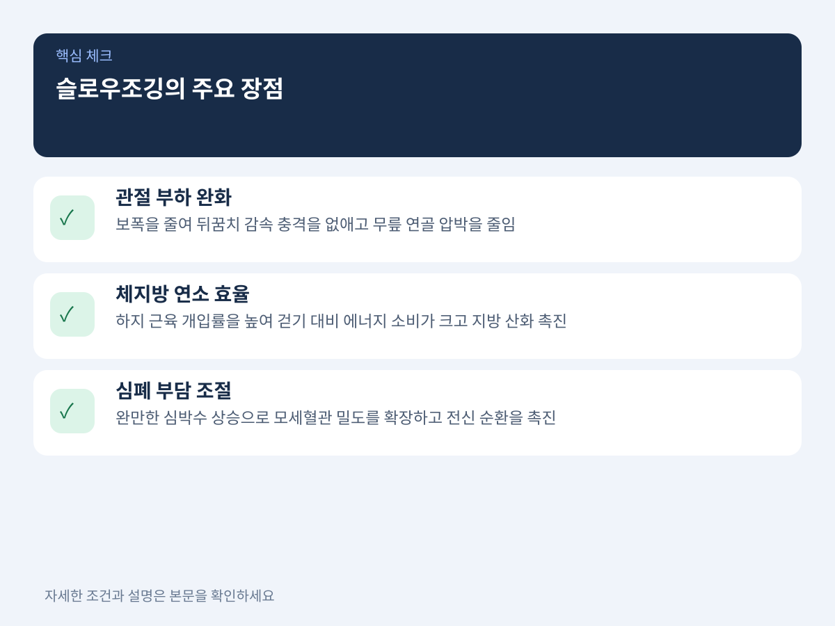 2. 걷기 및 일반 러닝 대비 슬로우조깅의 주요 장점 설명 이미지