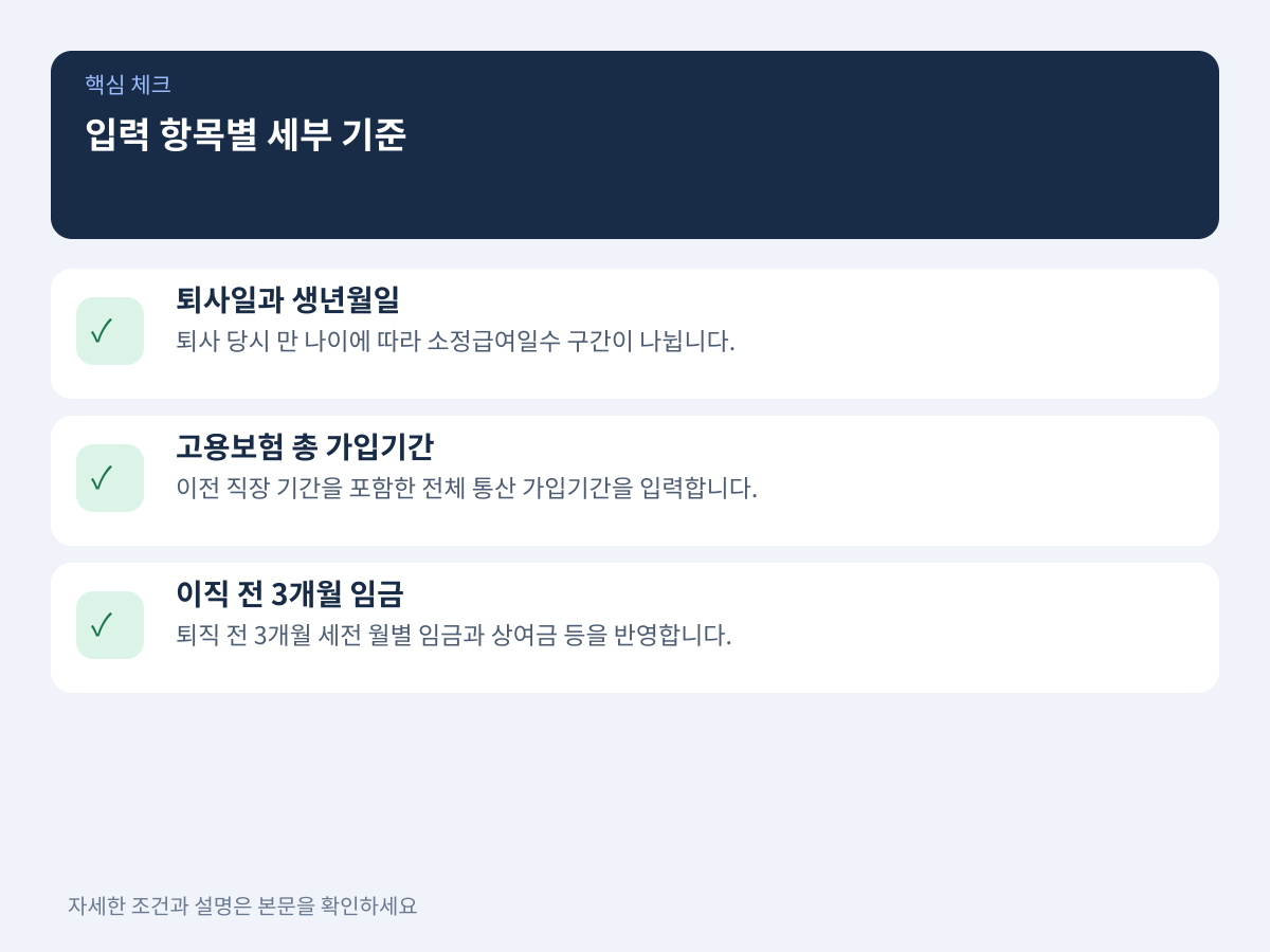 입력 항목별 세부 기준: 연령·피보험기간·평균임금 설명 이미지
