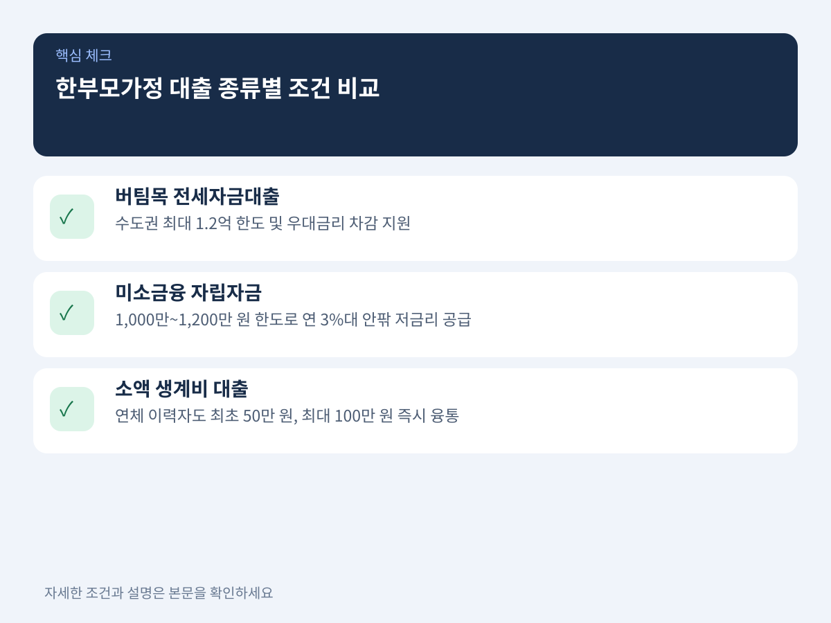 대표적인 한부모가정 대출 종류별 한도 및 금리 조건 비교 설명 이미지