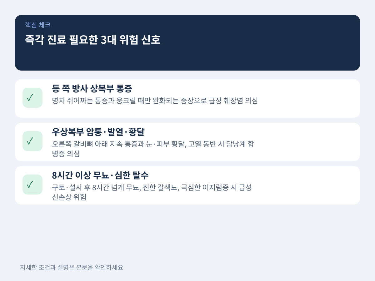단순 적응 증상을 넘어 즉각적인 진료가 필요한 3대 위험 경고 신호 설명 이미지