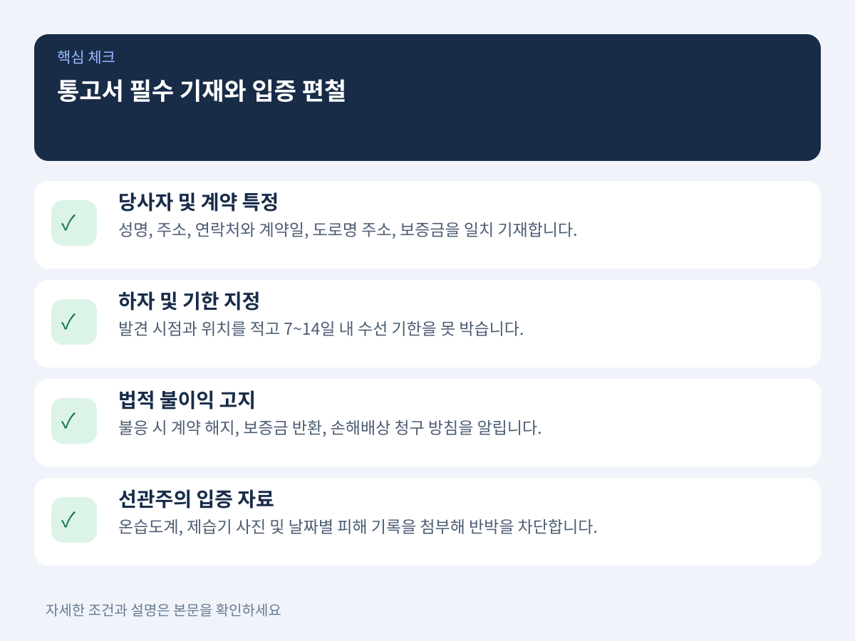 임대인의 수선의무를 압박하는 통고서 필수 기재 내용과 입증 편철 기준 설명 이미지