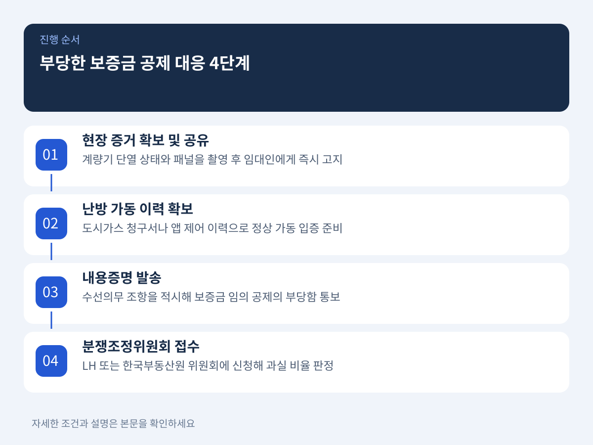 3. 부당한 보증금 공제 통보 대응 및 공적 분쟁 조정 4단계 설명 이미지